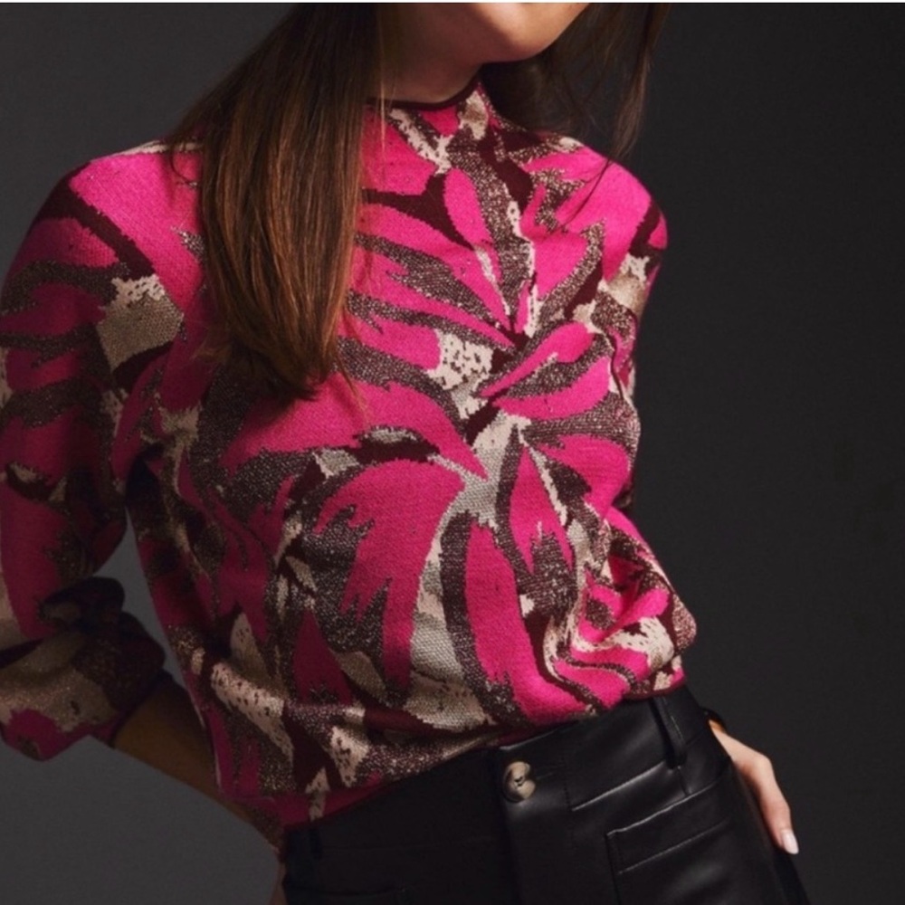 Anthropologie Pink and Brown Leaf Print Sweater - Picture 2 of 8